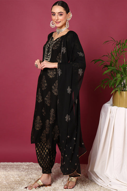 Plus Size Black Viscose Rayon Solid Woven Design Straight Suit Set